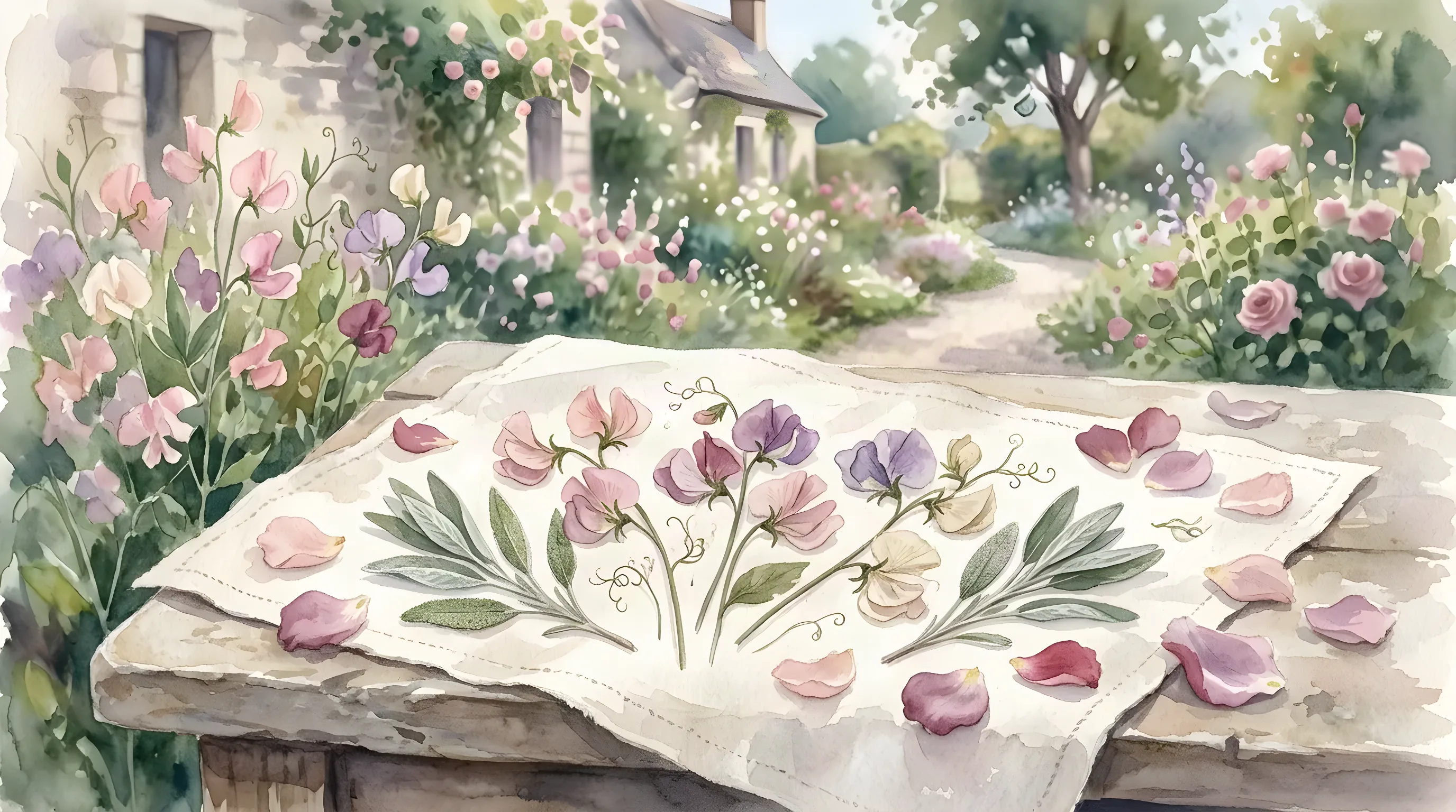 Direction A for a wedding — a soft garden watercolour world of sweet peas and pressed petals