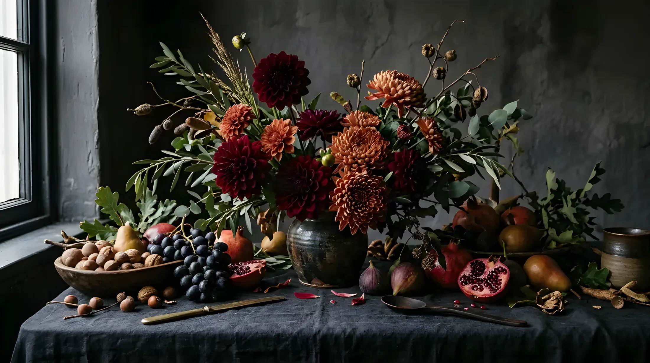 Direction B for a wedding — a dark, moody still-life world of velvet dahlias and pomegranates