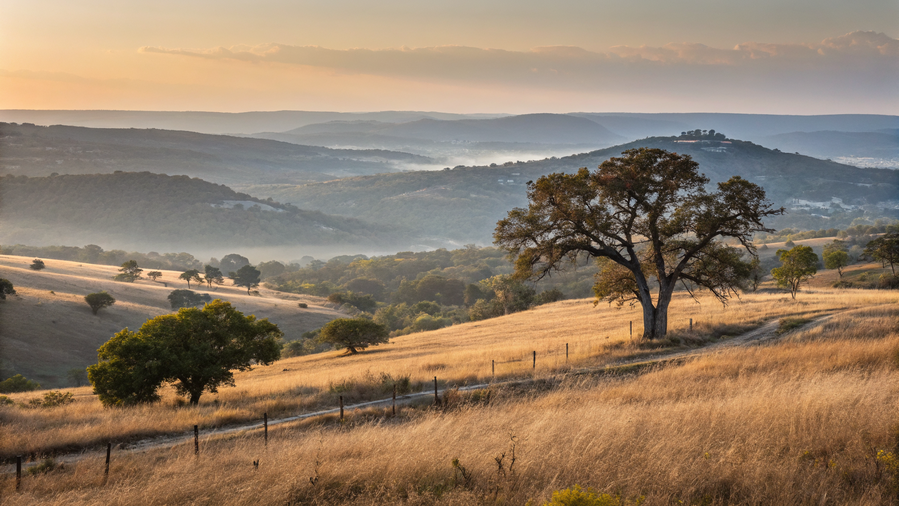 The Texas Hill Country at golden hour — dry gold grassland, a single live oak, blue-grey ridges beyond