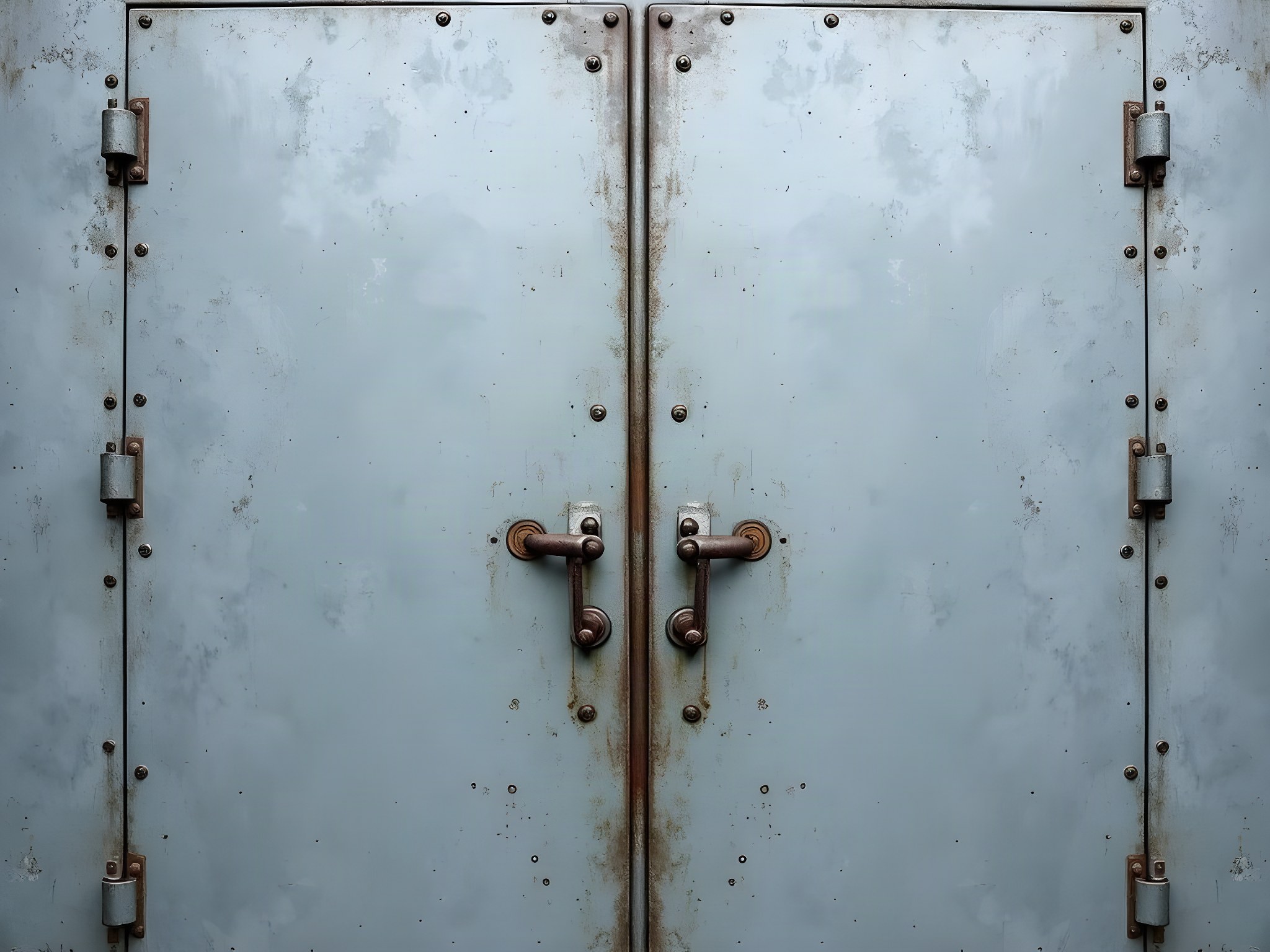 The cast-iron doors of the 1911 ice house at 14 Commercial Quay, Leith — zinc-grey, rivetted, rust bleeding from the hinges.