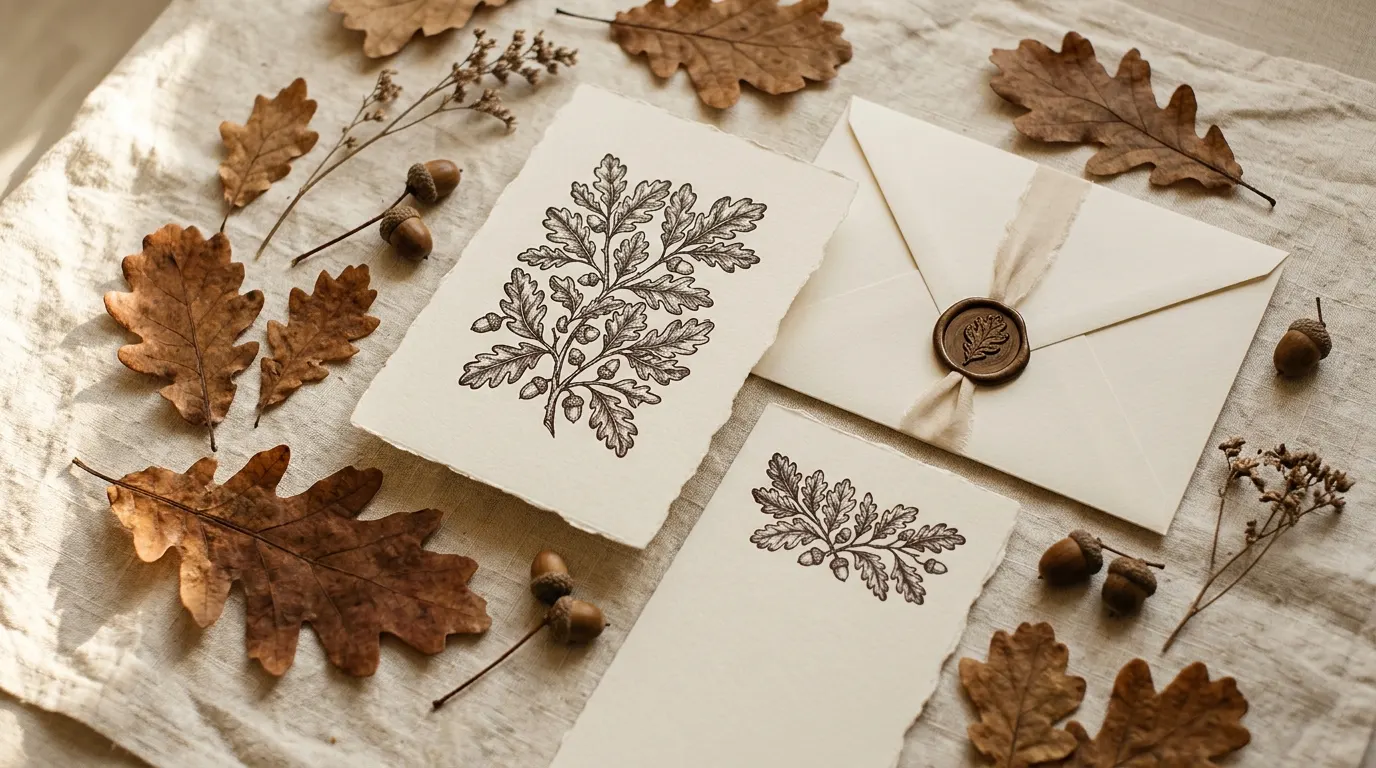 A wedding suite — an oak-leaf invitation card and wax-sealed envelope, laid on linen