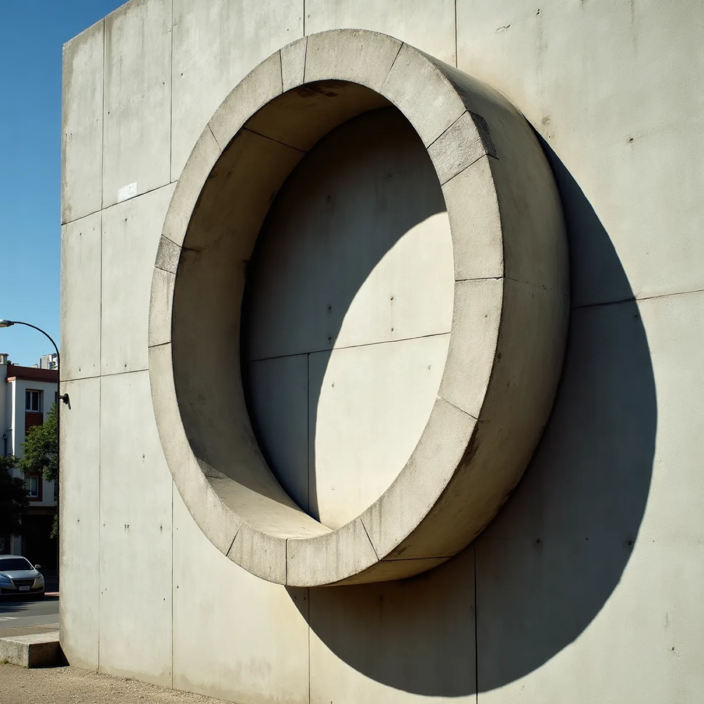 Mid-century modernist lettering standing in relief on a raw concrete wall in Rio, photographed square-on at midday with hard shadows, cropped so tightly that only two letterforms fill the frame.