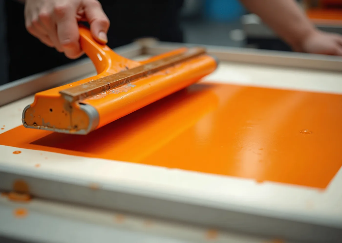 A squeegee being pulled through thick opaque ink across a screen over heavy white board, registration crosses at the corner, hands cropped at the wrist