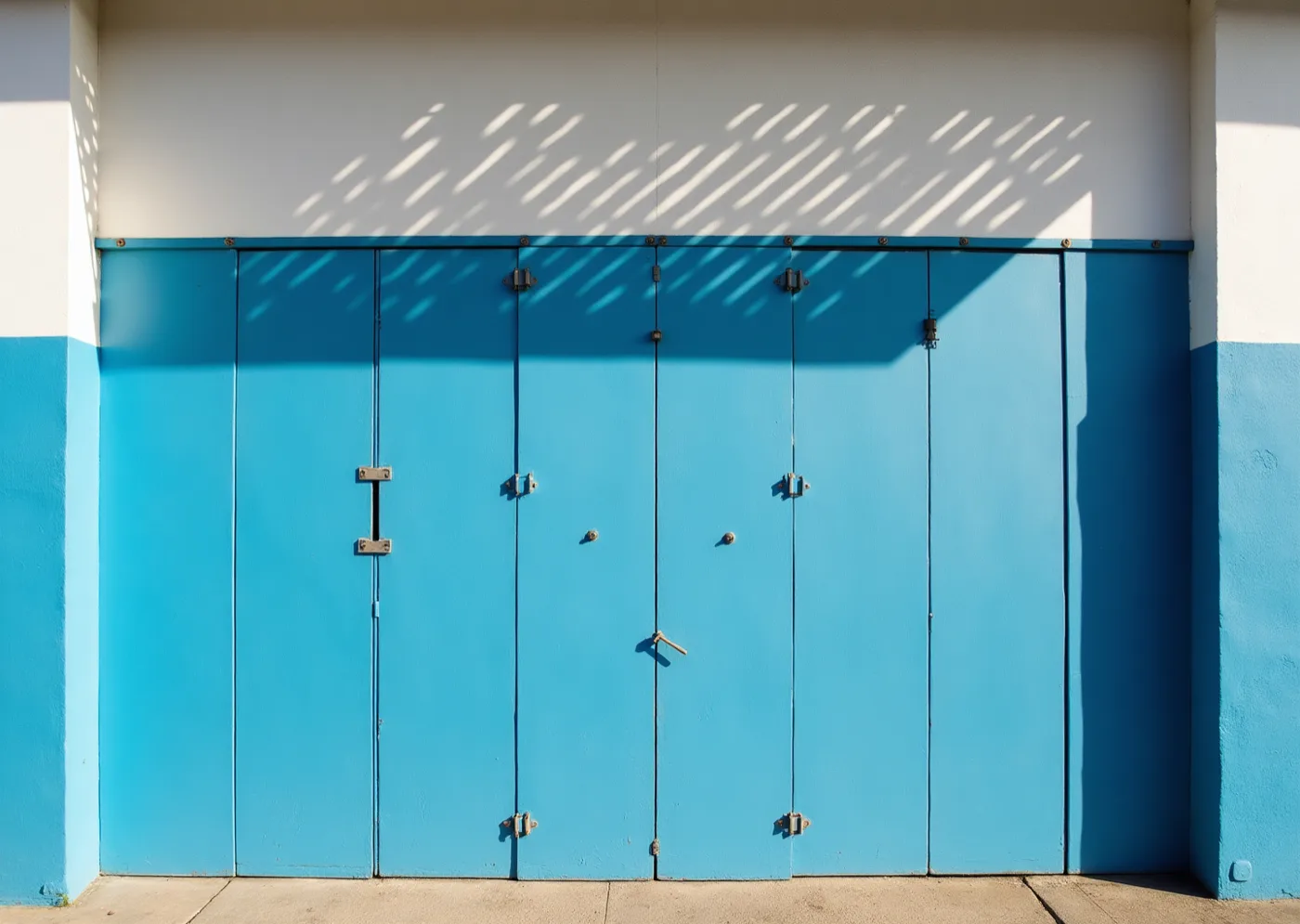 A civic wall treated as a flat plane of applied colour — painted concrete panels with a brise-soleil throwing hard geometric shadow across the coloured face.