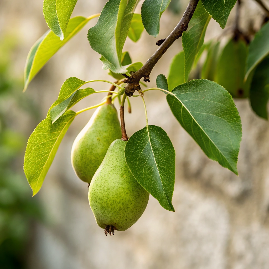 Two small unripe green pears on the branch, shallow depth of field