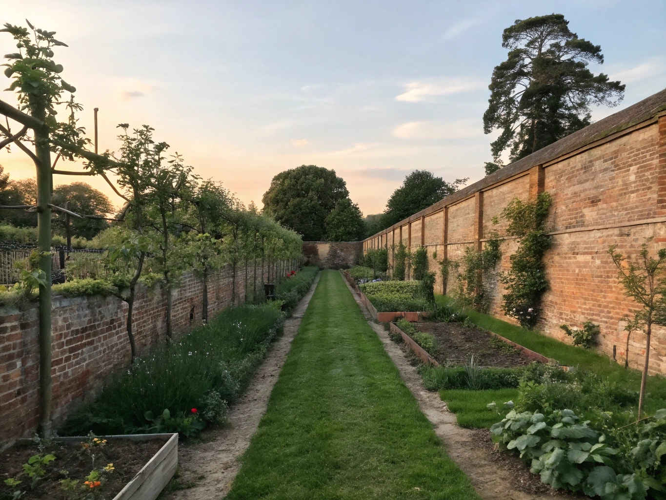 The grass path down the centre of the walled kitchen garden in June, brick walls on both sides, glasshouse at the far end
