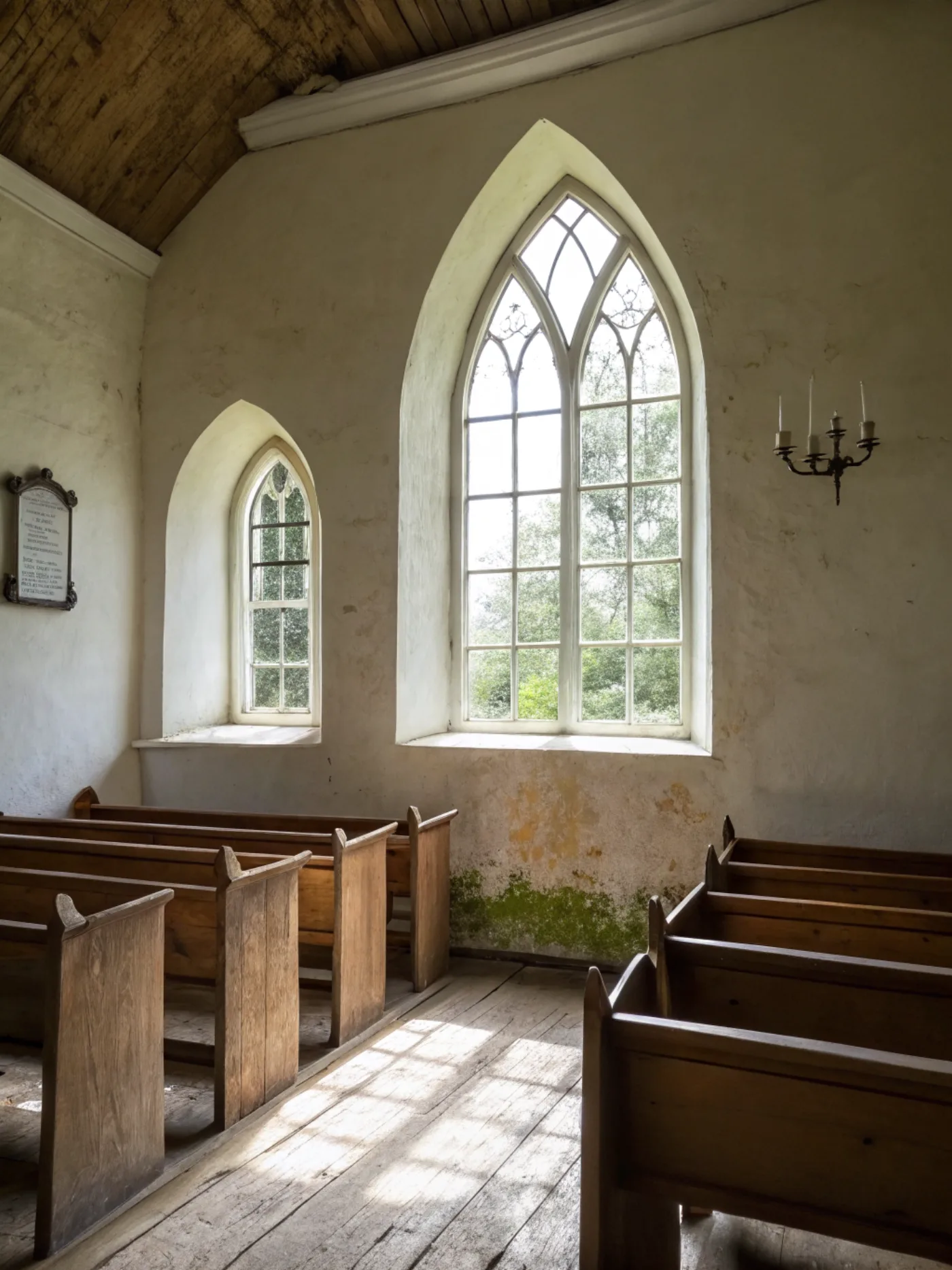 The interior of a plain country chapel: lime plaster, pointed windows of clear glass, oak pews, morning light.