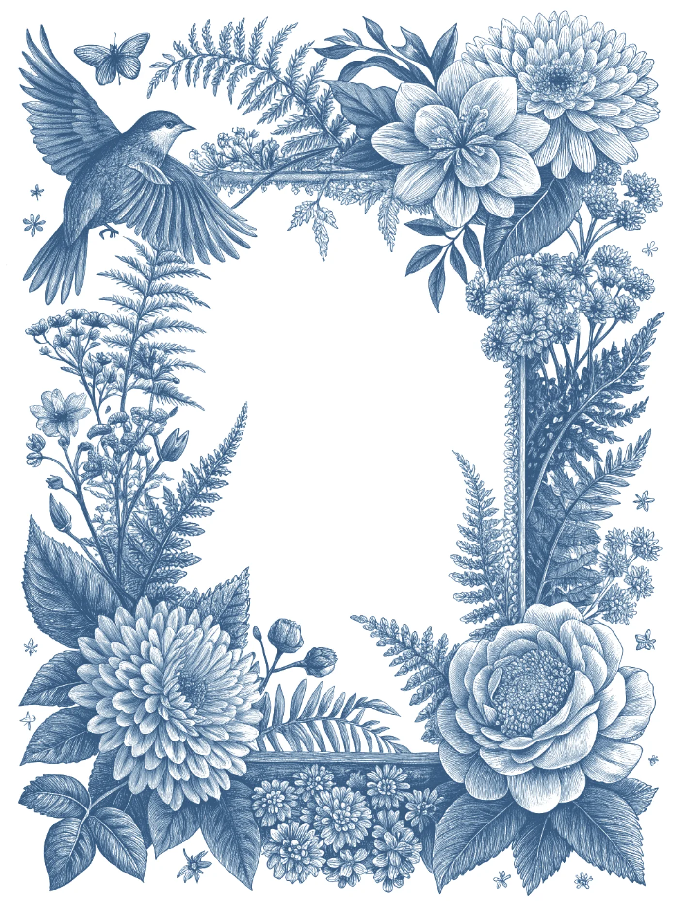 The rim garden redrawn as a four-sided engraved frame: dahlias, wild roses, ferns, elderberry, a bird and a butterfly around an empty centre.