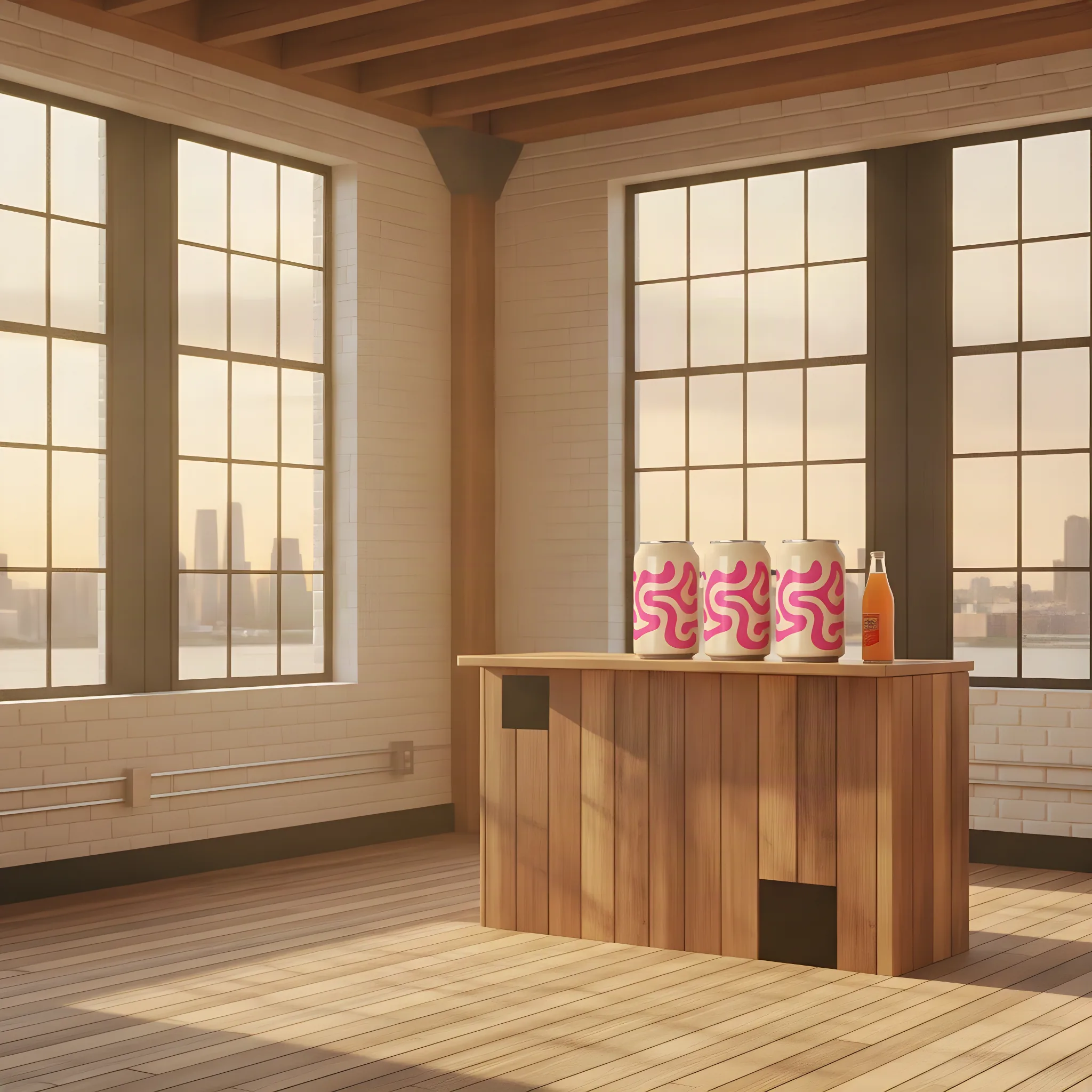 Warm timber-beamed Brooklyn loft by day, cans on the bar