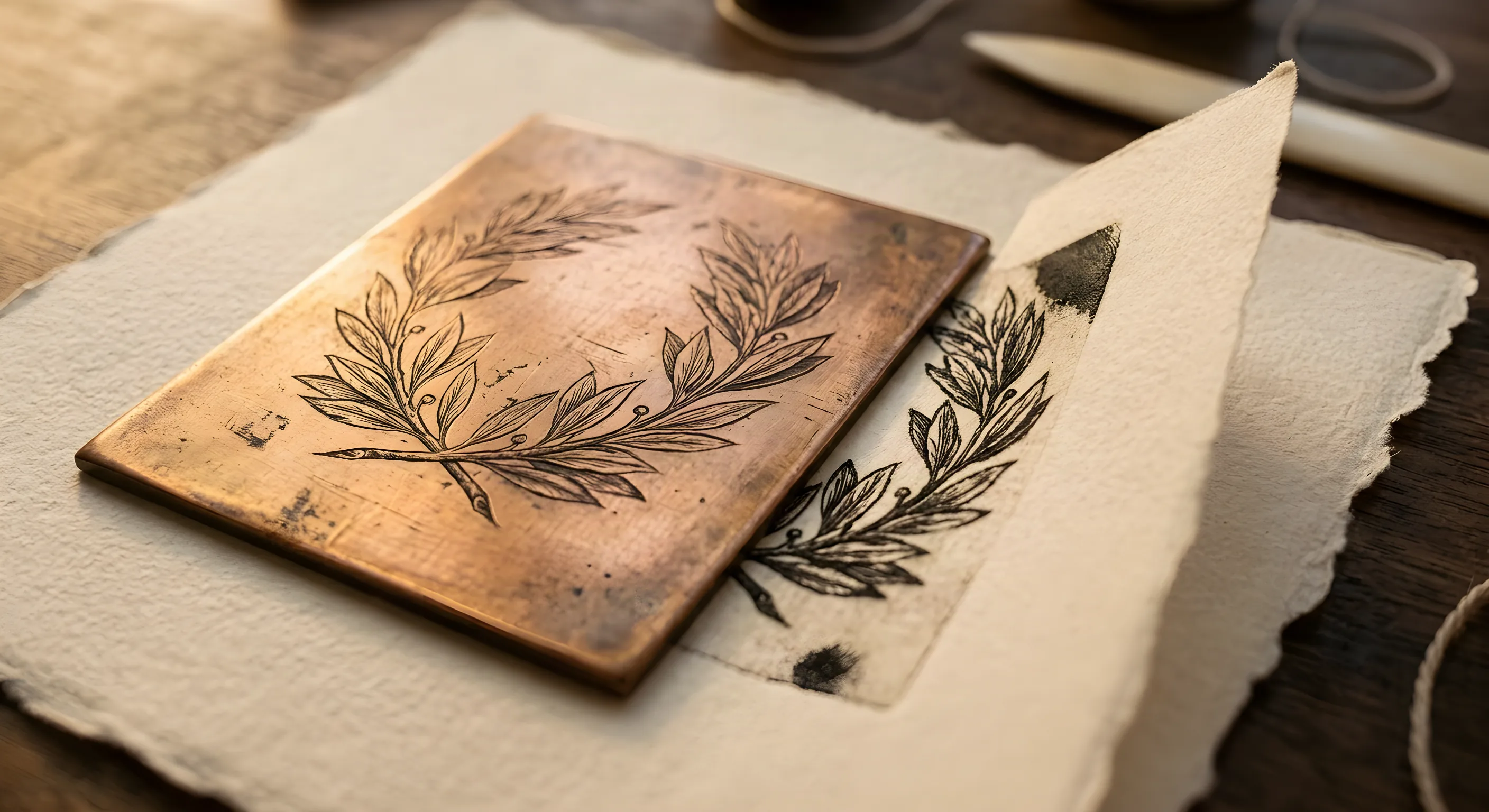 An engraved copper plate carrying a laurel wreath, with the first impression pulled onto deckled cotton rag beside it.