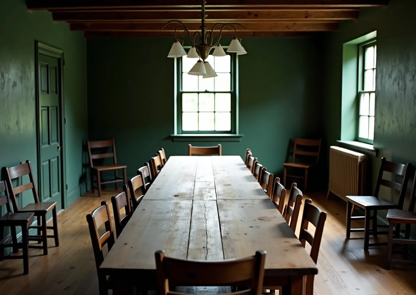 The dining room at Ardmore: dark green walls, the long oak refectory table, one window
