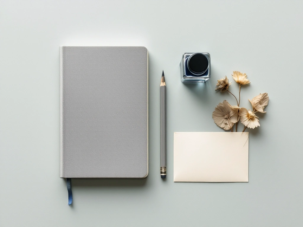 A closed cloth notebook, graphite, ink, pressed specimens and a seed envelope on grey-green