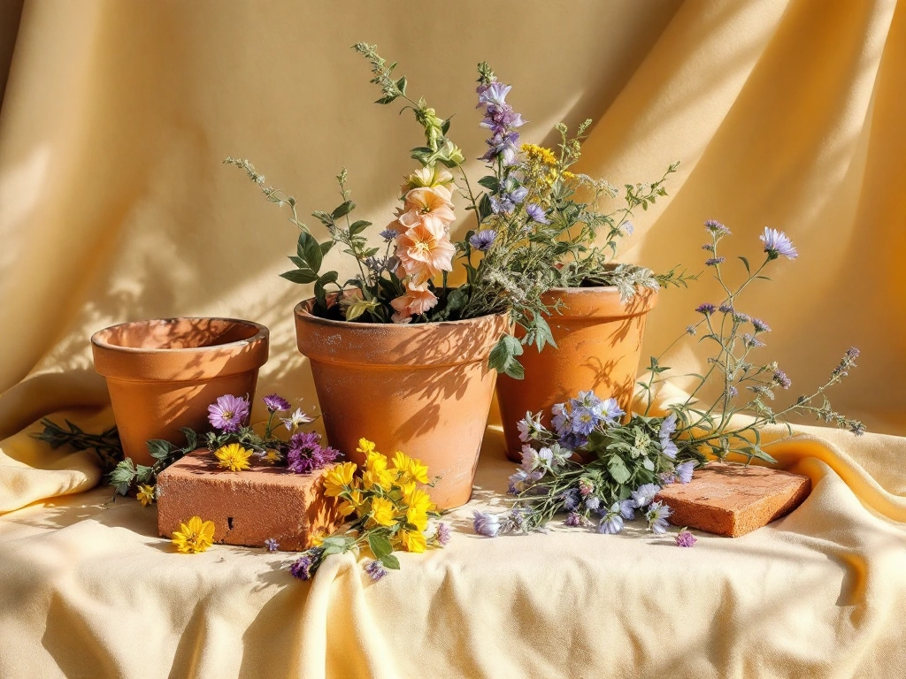 Terracotta pots, mossy brick and cut cottage stems on ivory cloth