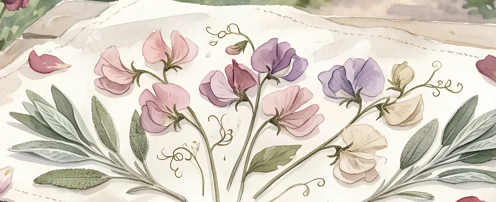 Wide watercolour band of pressed sweet peas and sage laid in a row across a cotton sheet with a dashed stitch border