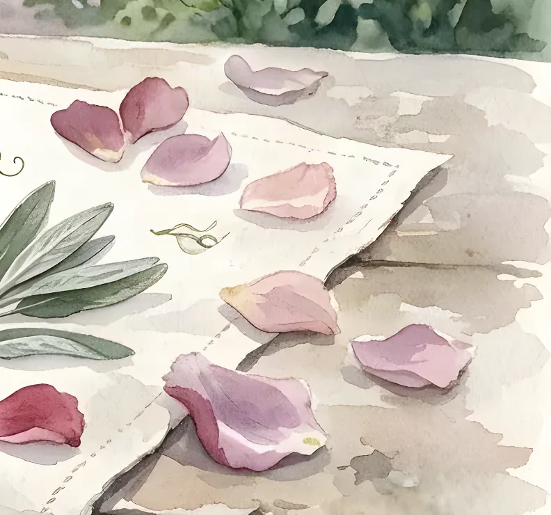 Watercolour of loose fallen sweet pea petals scattered on a cotton sheet and on the stone beside it