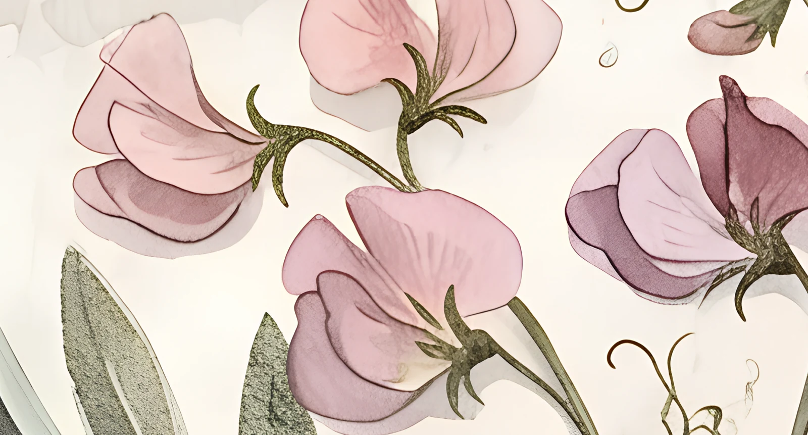 The motif — pressed sweet pea blossoms in blush, mauve and cream