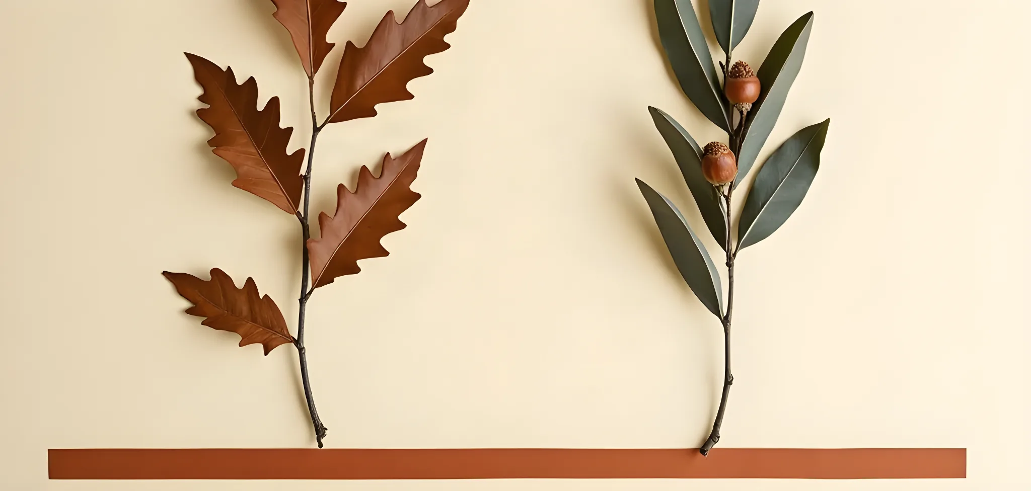 The motif — a dried oak branch and an olive sprig above a ruled terracotta line