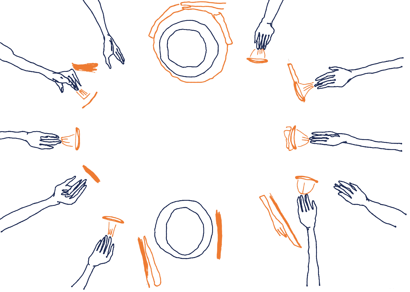 Hands drawn as orange outlines reaching in from the edges of the frame, all wrists cut by the trim.