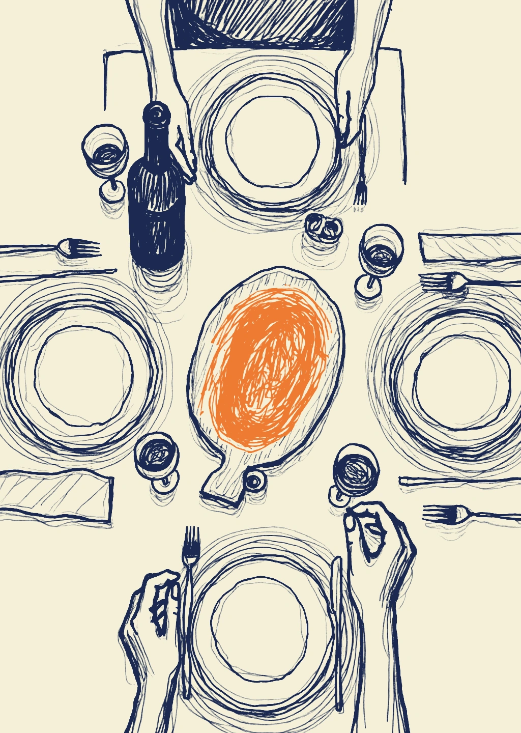 The table drawn from directly overhead in navy line — plates, cutlery, a bottle and one orange pot, running off every edge of the frame. No lettering.