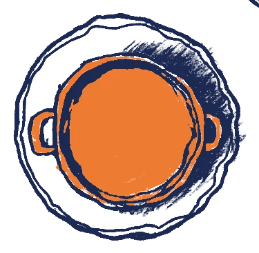 The orange enamel pot drawn as an open navy outline with a scribbled orange fill.