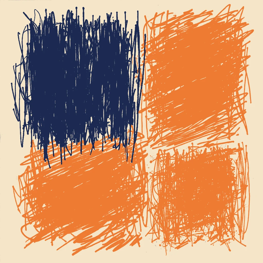 Navy and orange scribbled fills side by side on cream, showing the two-ink limit.