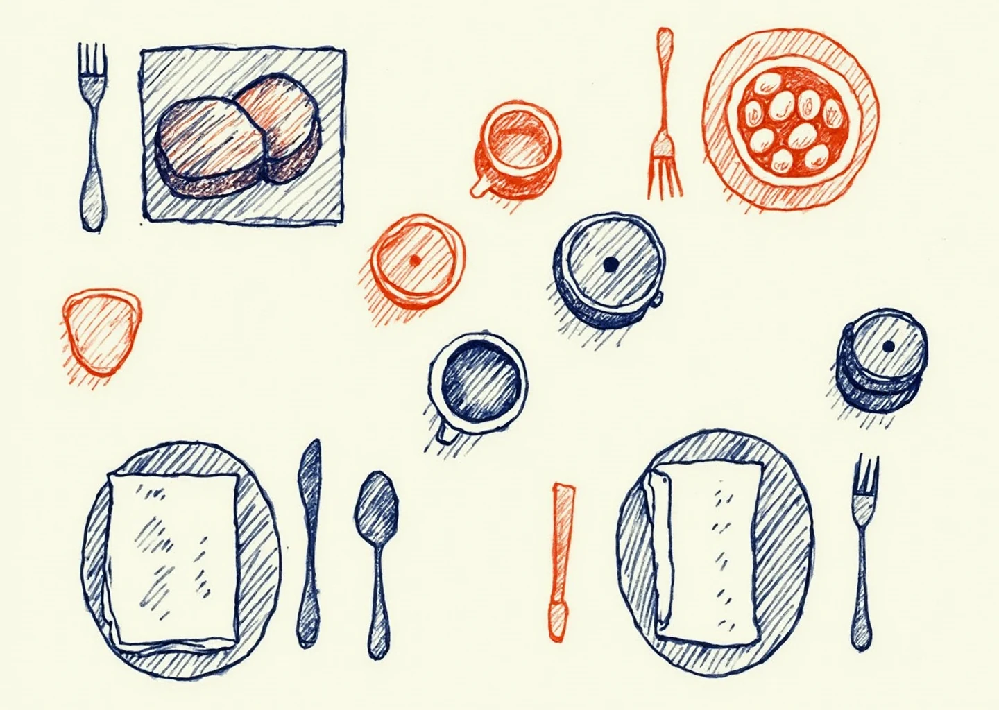 A sheet of drawn objects — plates, napkins, cutlery, small dishes, jars and a board — the vocabulary every piece of the suite is cut from.