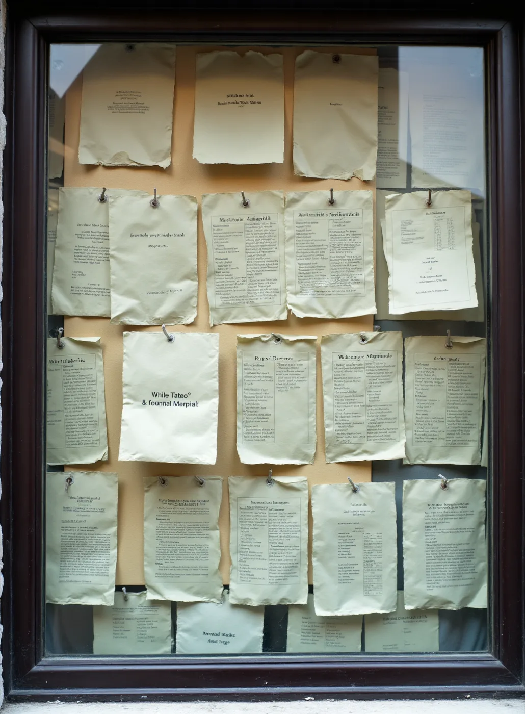 A cluttered building-entrance noticeboard behind glass, layers of overlapping sheets on cheap coloured paper.