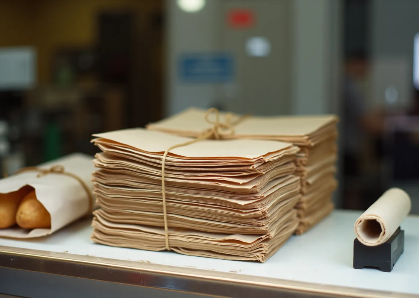 A pastelaria counter seen from behind the glass — plain paper bags, a string-tied parcel, wrapped bread, a roll of counter paper and a rubber stamp pad.