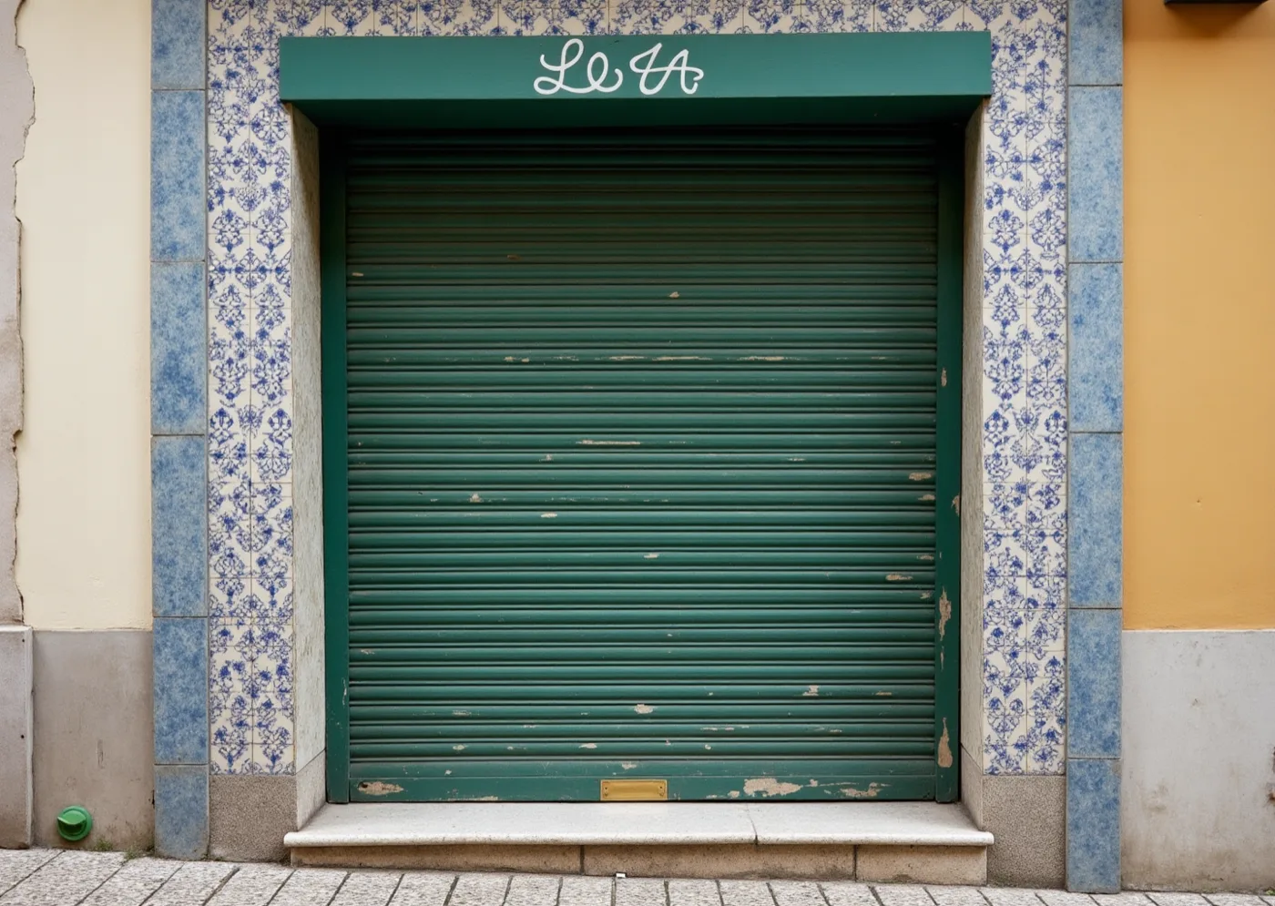 A worn Lisbon shopfront fascia in condensed hand-painted lettering, seen from below at a steep angle.