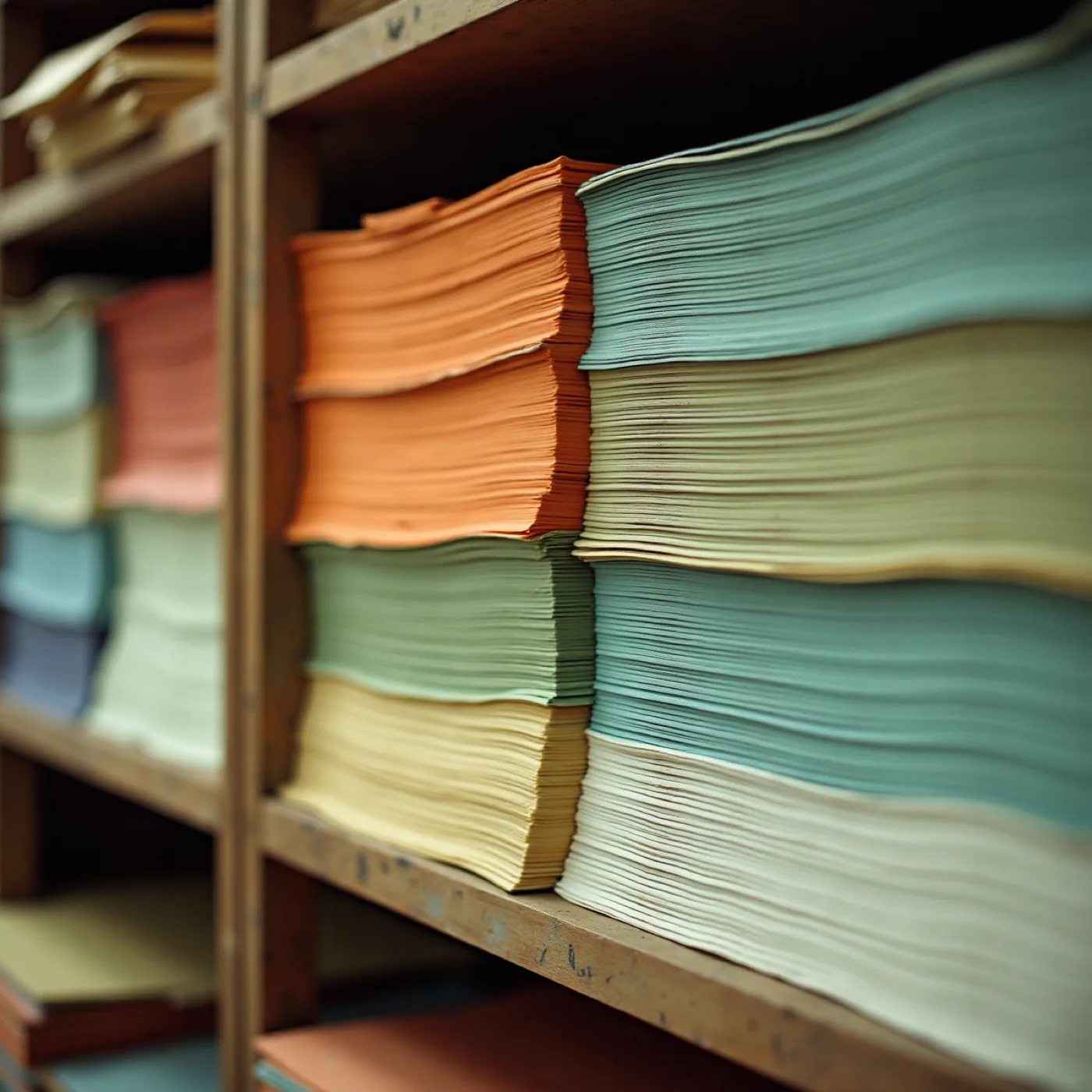 Stacks of coloured uncoated duplicator paper seen end-on, the cut edges making flat bands of colour.