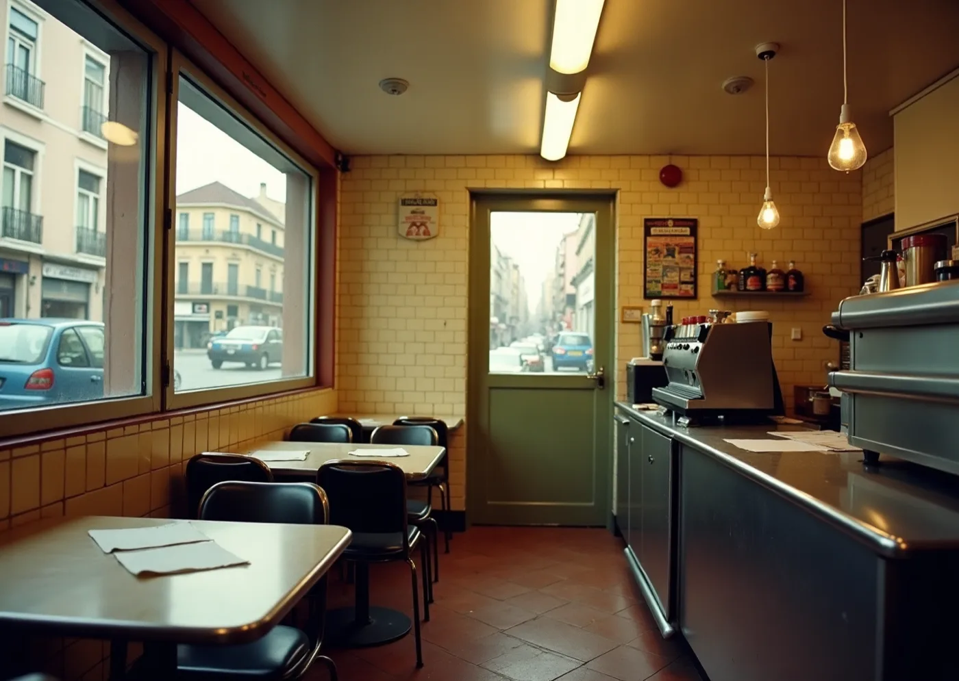 The inside of a small old Lisbon tasca mid-service: tiled walls, formica and steel, hard fluorescent light, sheets of paper laid over the tables.