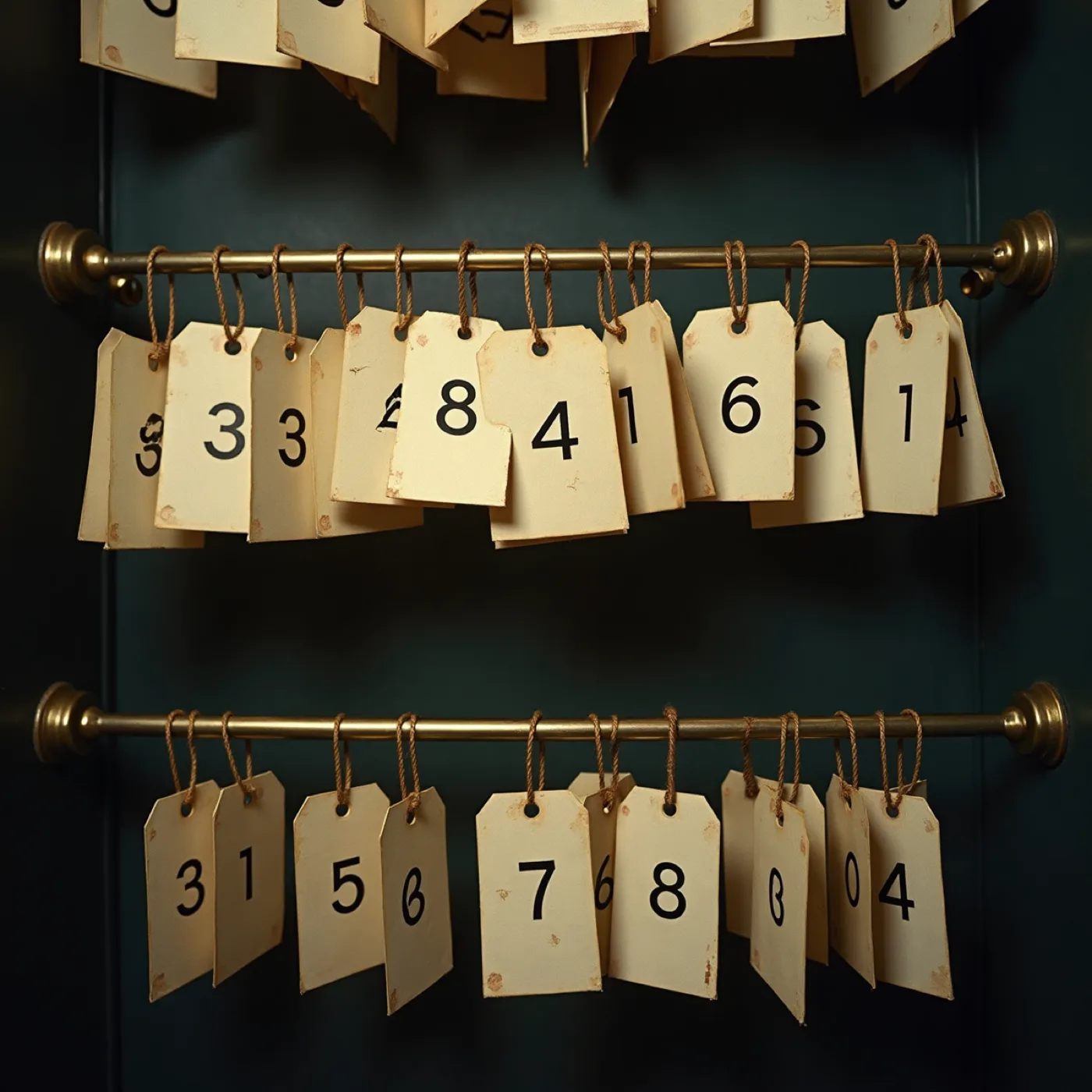 A brass cloakroom rail hung with numbered paper tags on string, a spike of dockets standing beside it.