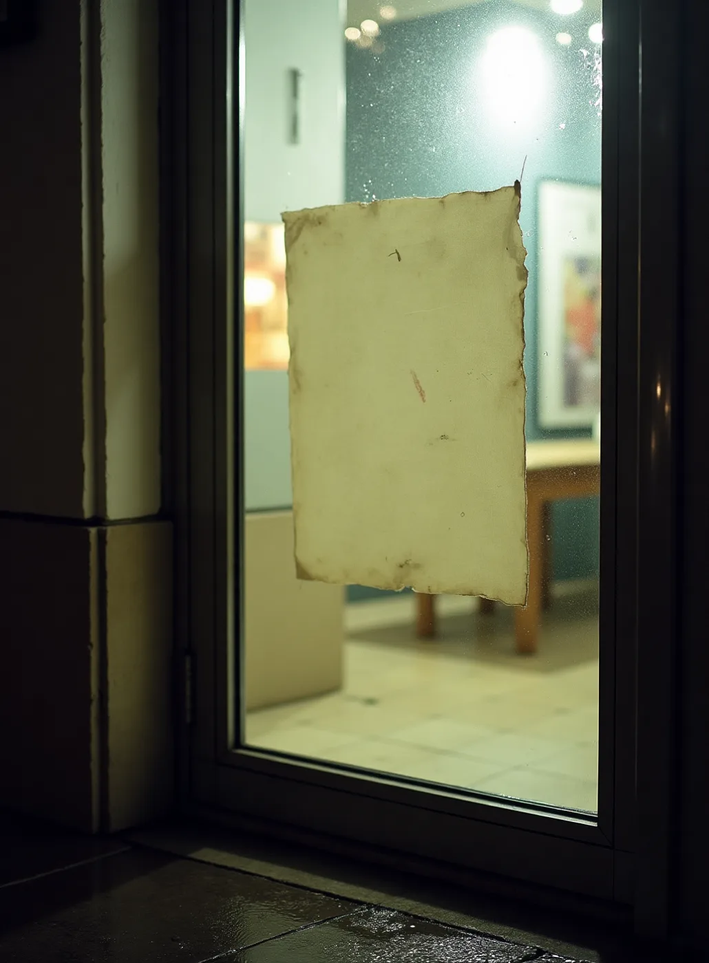 A sheet of plain paper taped to a shop door at night in the rain, soaked translucent and curling at one corner, lit from the interior behind it.