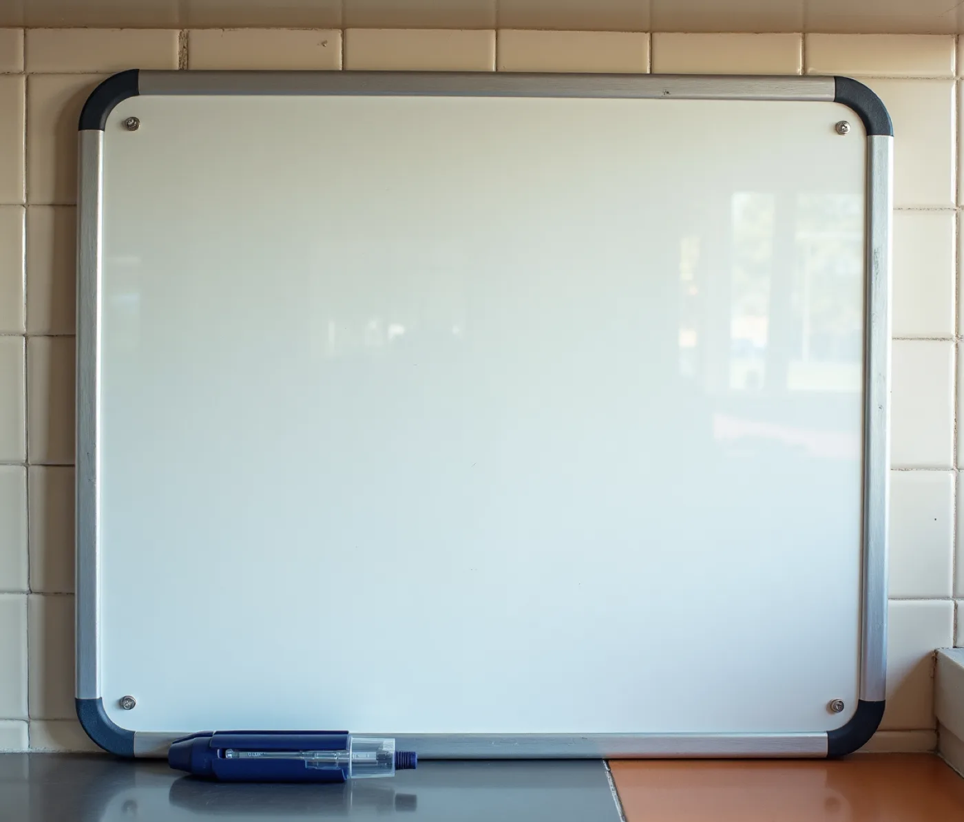 The wipe-clean board in the kitchen, wiped, with the navy marker beside it.