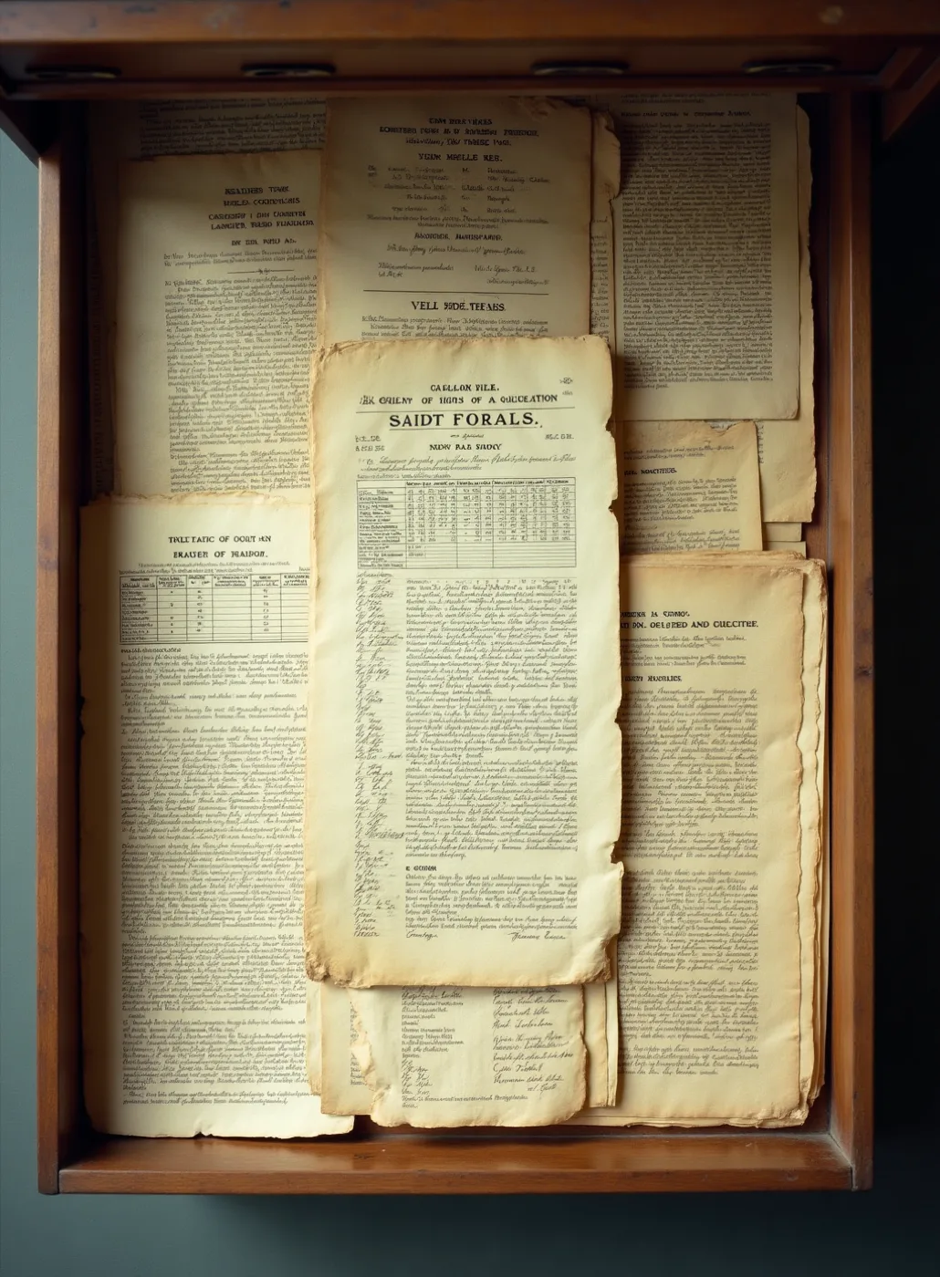 An open wooden drawer of old printed ephemera seen from directly above — bills, ruled tabulations and handwritten ledger sheets, foxed and torn, stacked loose