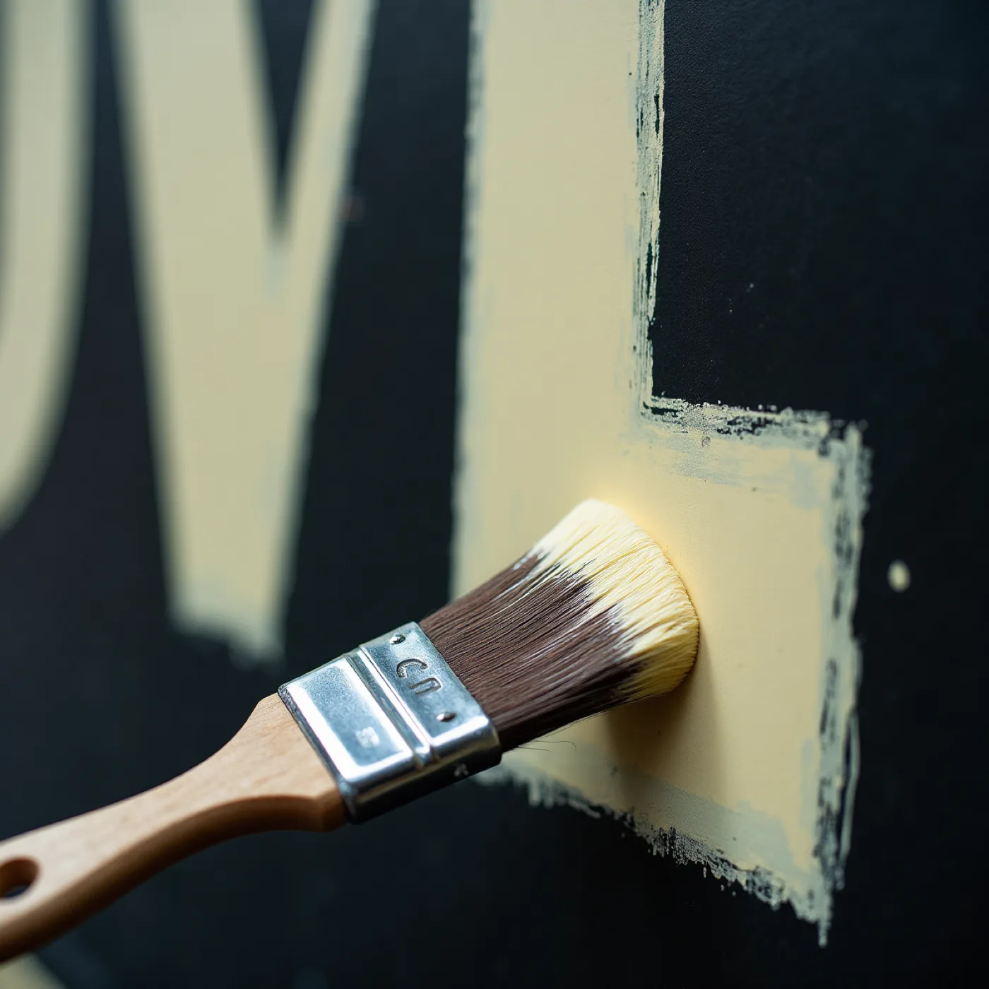 Close crop of a flat signwriter's brush laying pale enamel into the edge of one large letter on a black painted board, more letters out of focus behind