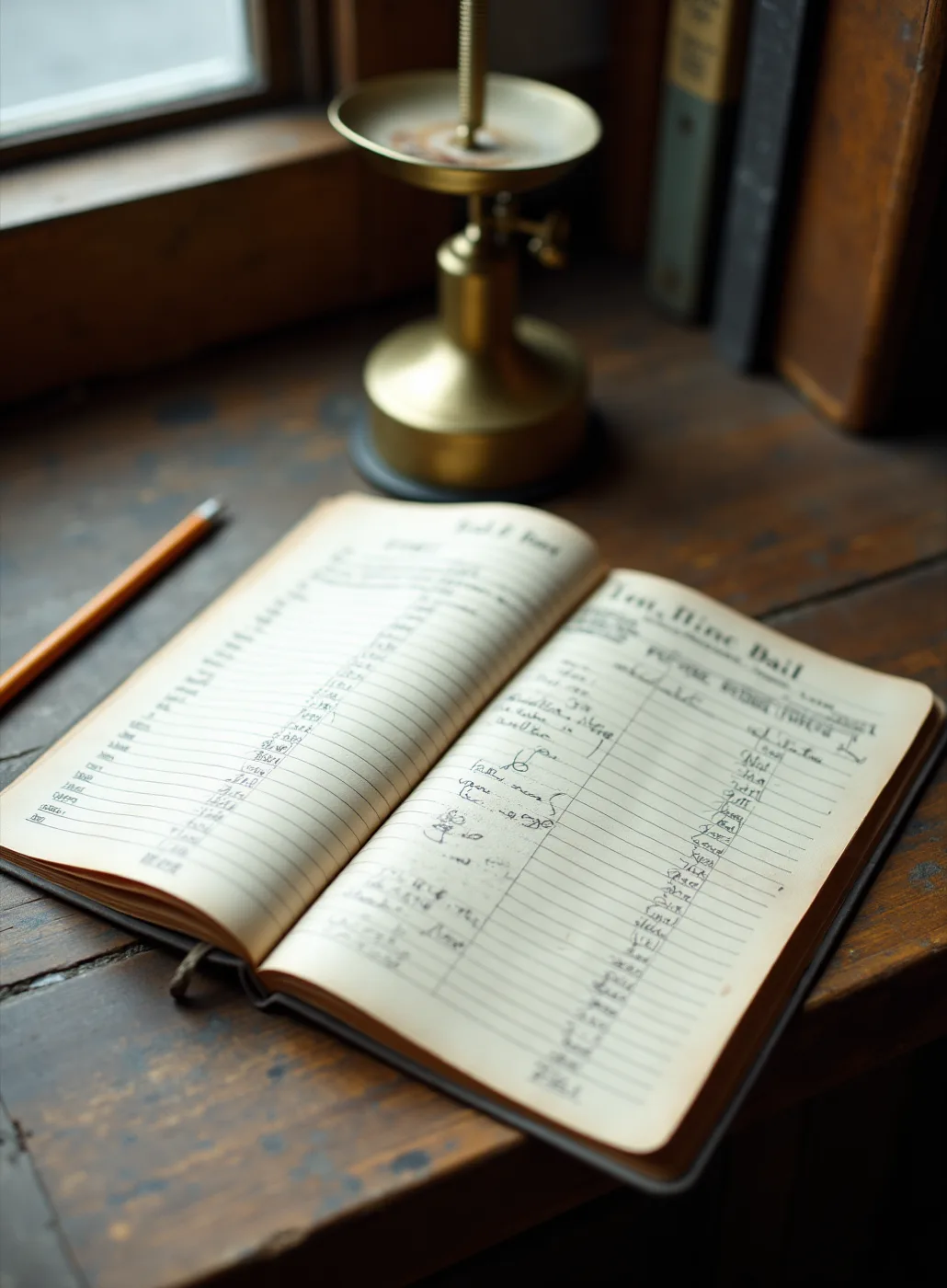 An open supplier's day book on a worn wooden table by a window, ruled columns filled in by hand, a brass scale and a pencil beside it