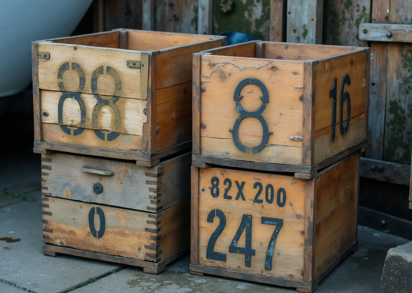 Two stacked wooden produce crates with black stencilled numerals, timber weathered pale and split, standing against a boarded fence