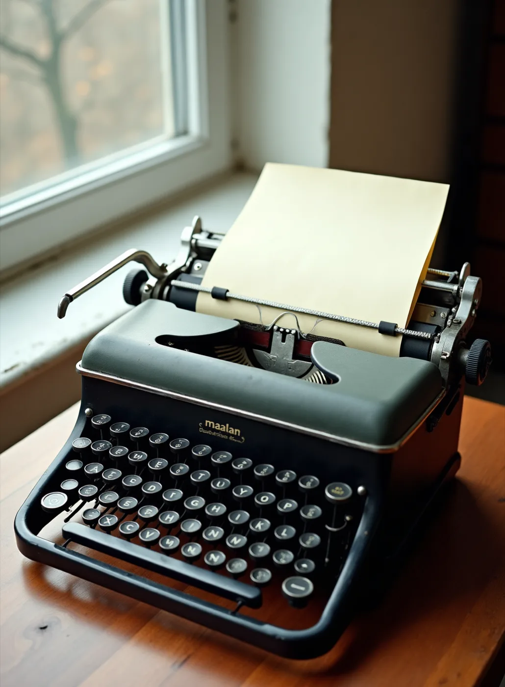 A sheet of cream typing paper hung on an iron hook against a whitewashed boarded wall, typed on a manual typewriter, in hard raking sunlight