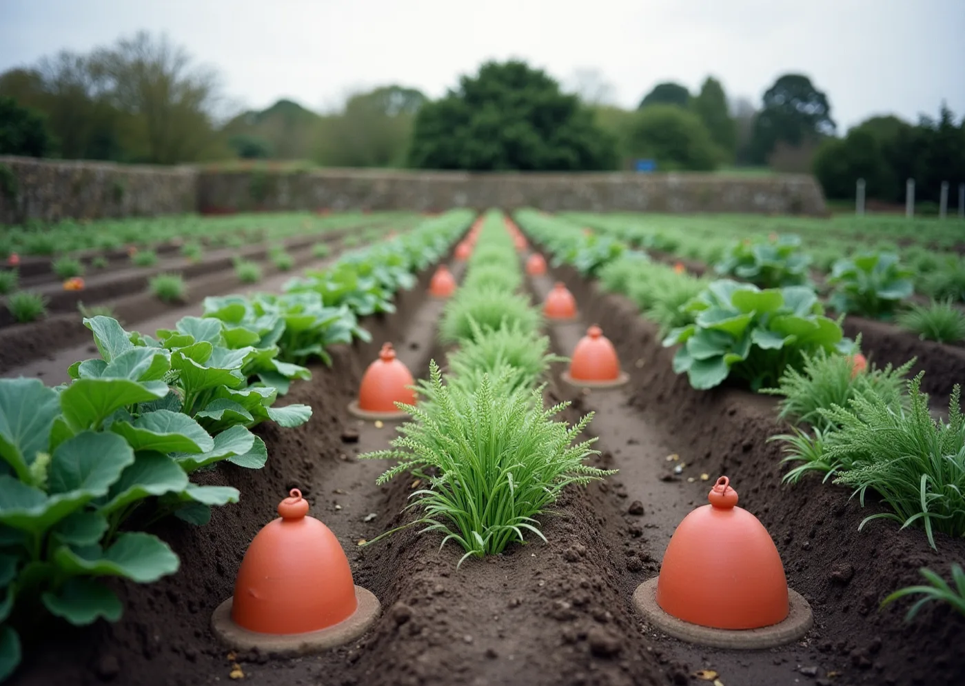 A Cornish market garden in May seen along ridged rows — terracotta forcing pots, brassica leaves, feathery fern and wet earth, a granite hedge bank behind