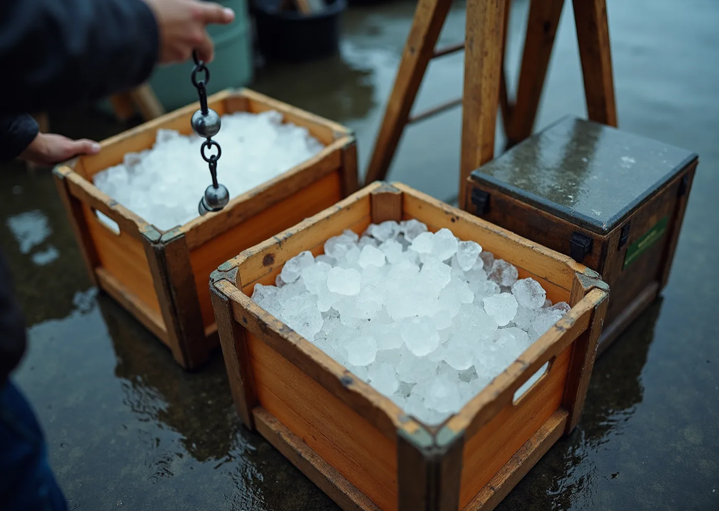 Early morning on a wet quay — two wooden crates packed with crushed ice, a hanging scale being lowered into one, hands cropped at the wrist, a trestle and a slate-topped chest behind