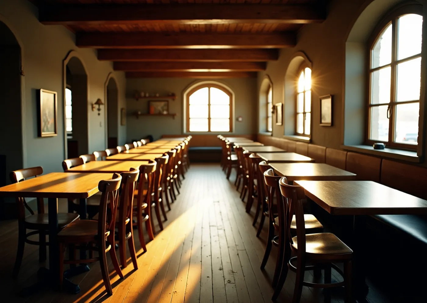A long dining room at seven on a late-May evening — bare wooden tables and bentwood chairs in two rows, a plank floor, arched windows down one side, low sun flaring through, empty before service
