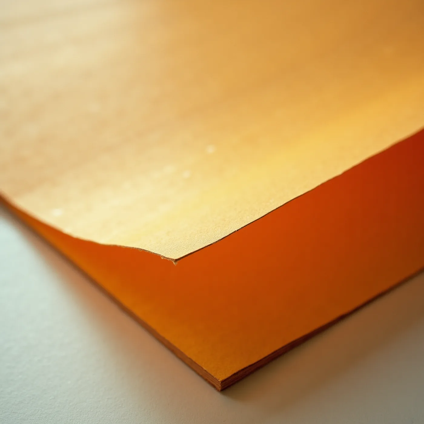 Raking-light macro of a warm uncoated sheet with a heavy tooth and a torn edge, lying on a second sheet, no ink on it