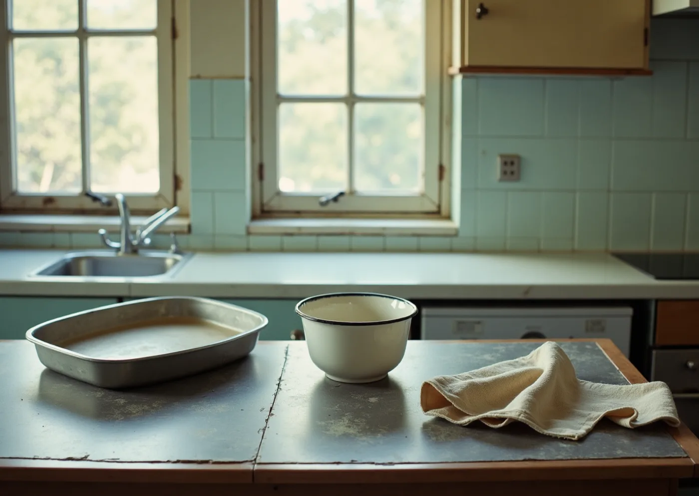 A worn zinc-topped table in the foreground of a plain pale kitchen, an enamel bowl, a metal tray and a linen cloth set on it, tall sash windows behind