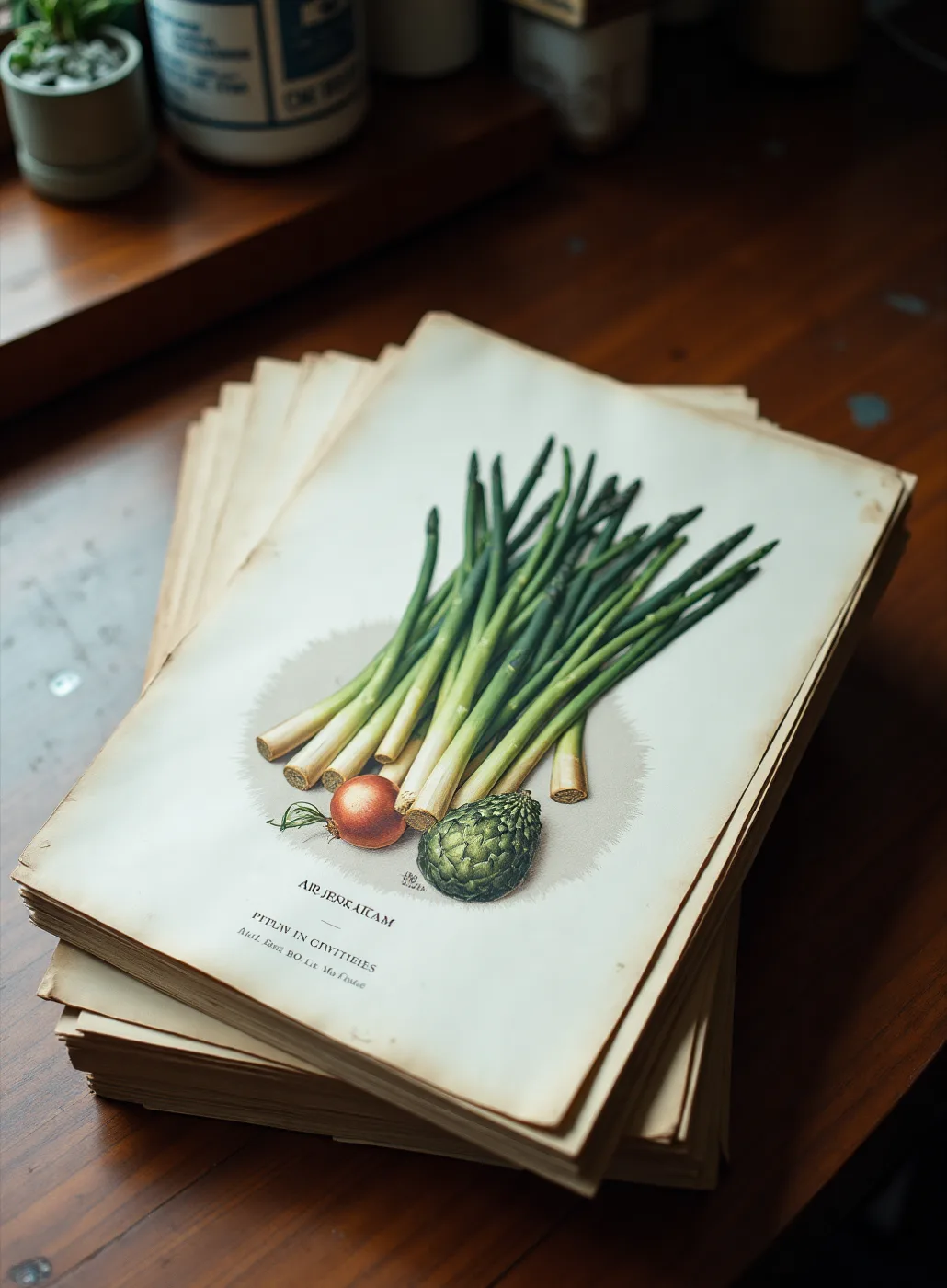 A loose stack of old seed-merchants' catalogue plates on a dark wooden counter, the top sheet a colour lithograph of vegetables printed on absorbent paper