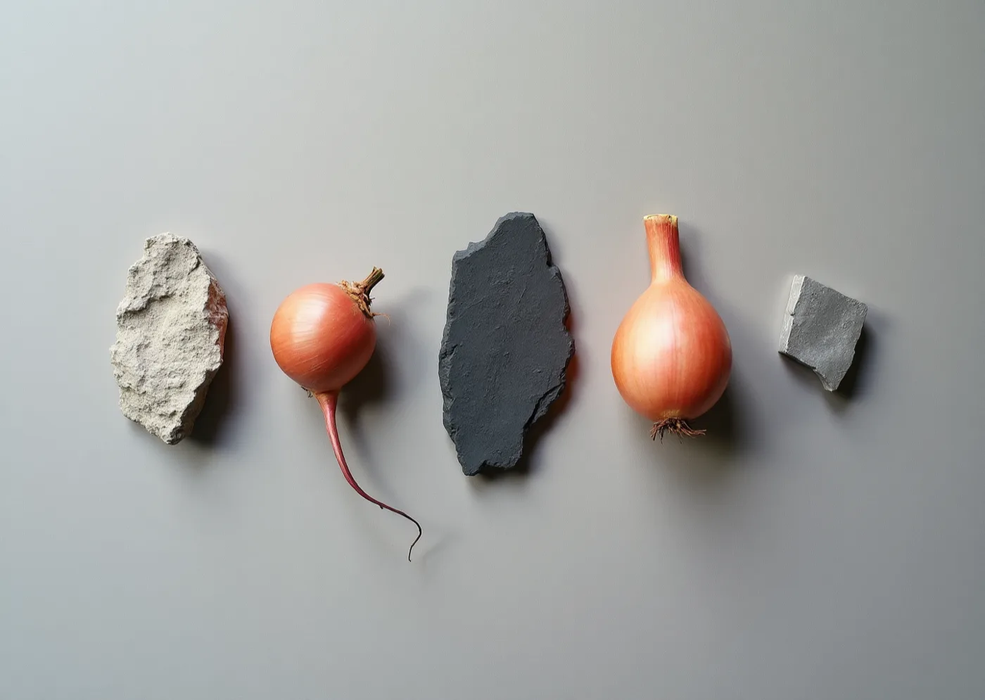 Five things laid in a row on grey — a piece of pale granite, an onion with its root, a shard of slate, a second onion and a small block of concrete — photographed from above, unlabelled