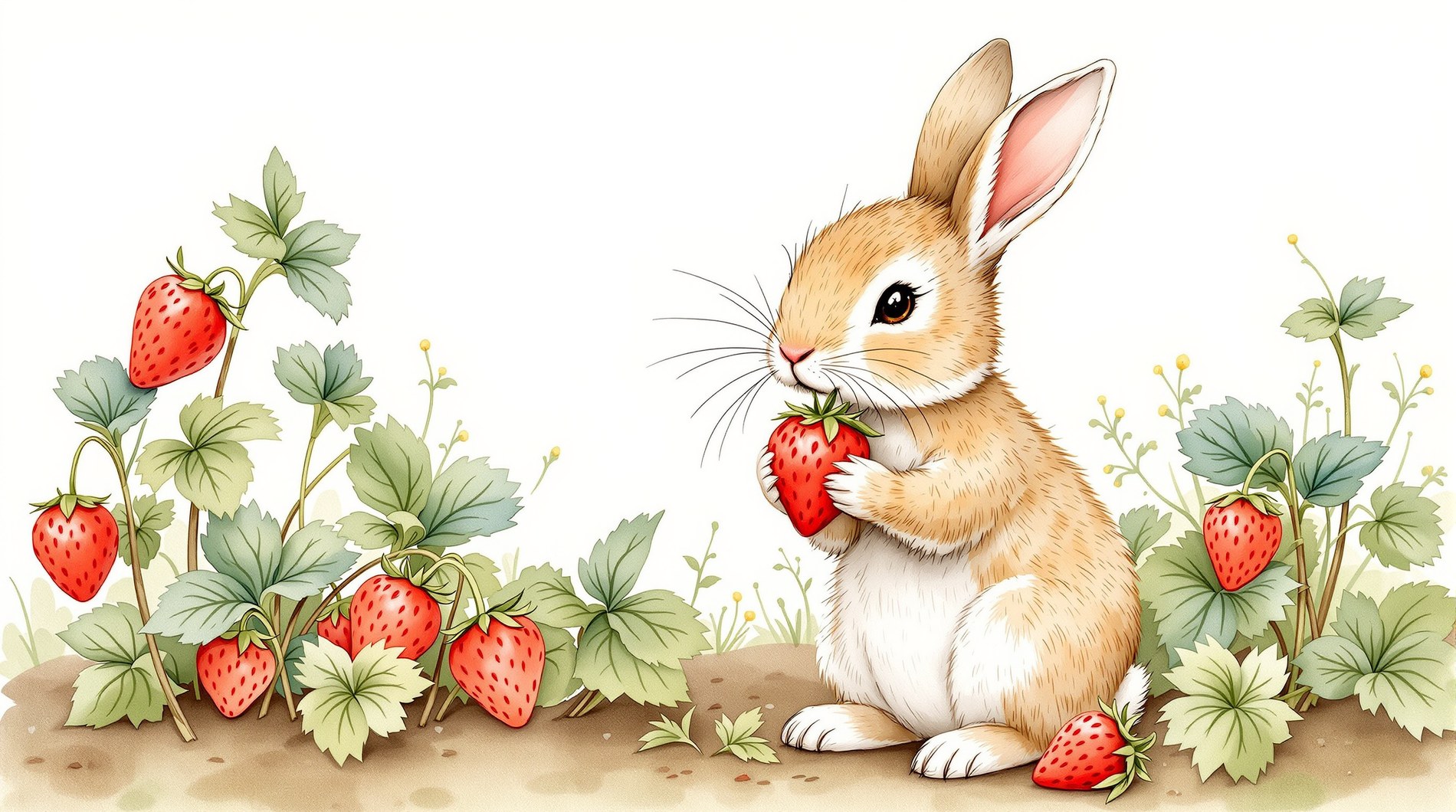 Jam the rabbit, painted in watercolour, holding a strawberry among strawberry plants.