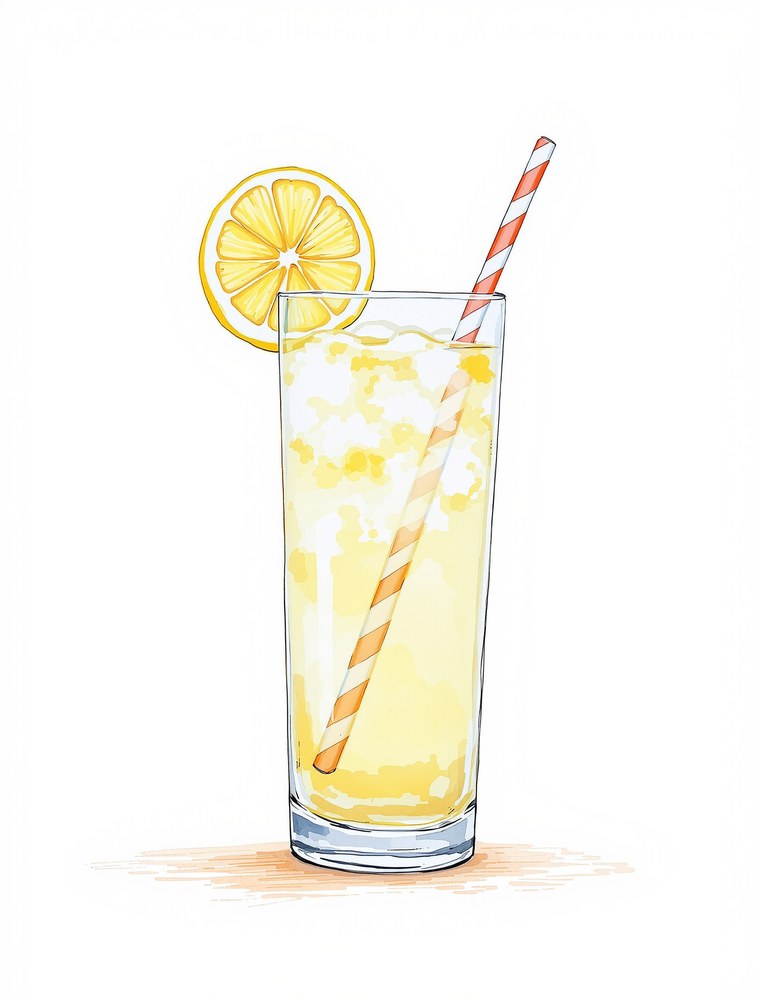 A tall glass of cloudy lemonade with a lemon slice and a red-striped paper straw.
