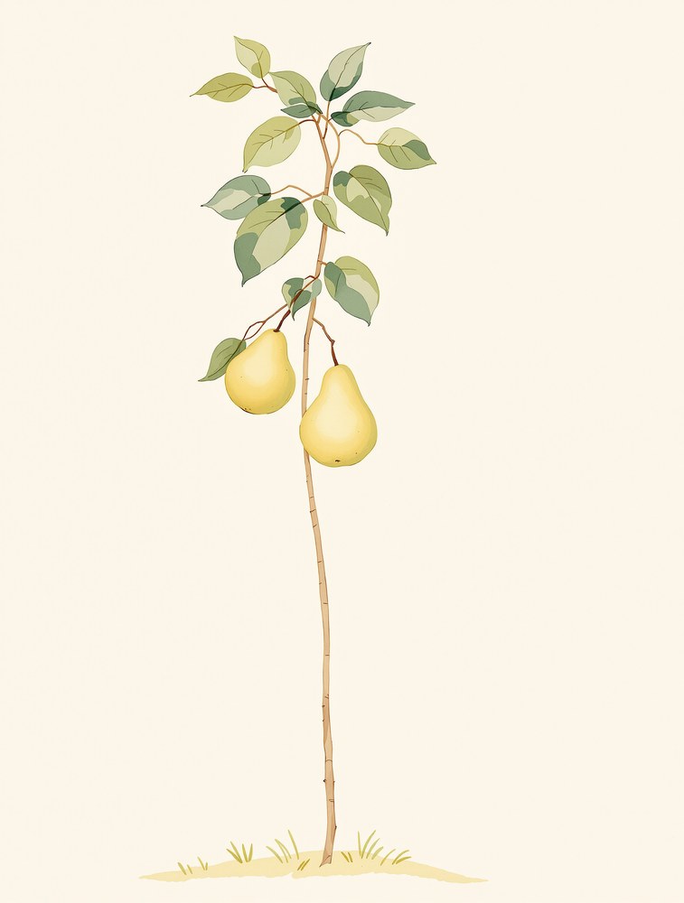 A slender pear branch with two yellow pears and green leaves.