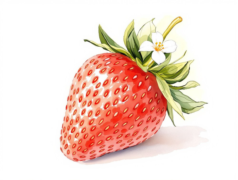 A single strawberry with its white blossom and leaves.